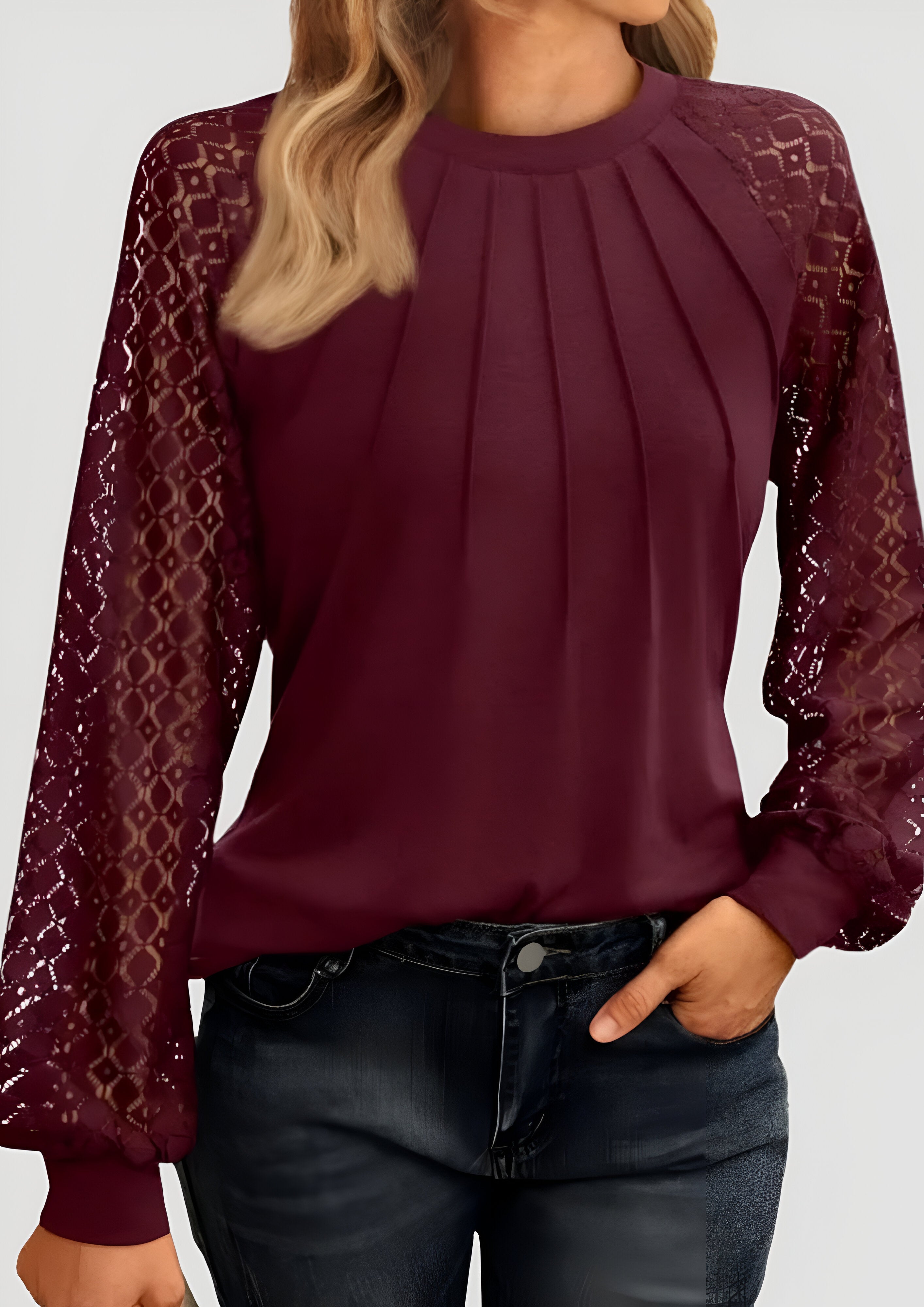 Pleated Lace Blouse | Women's Long Sleeve Top