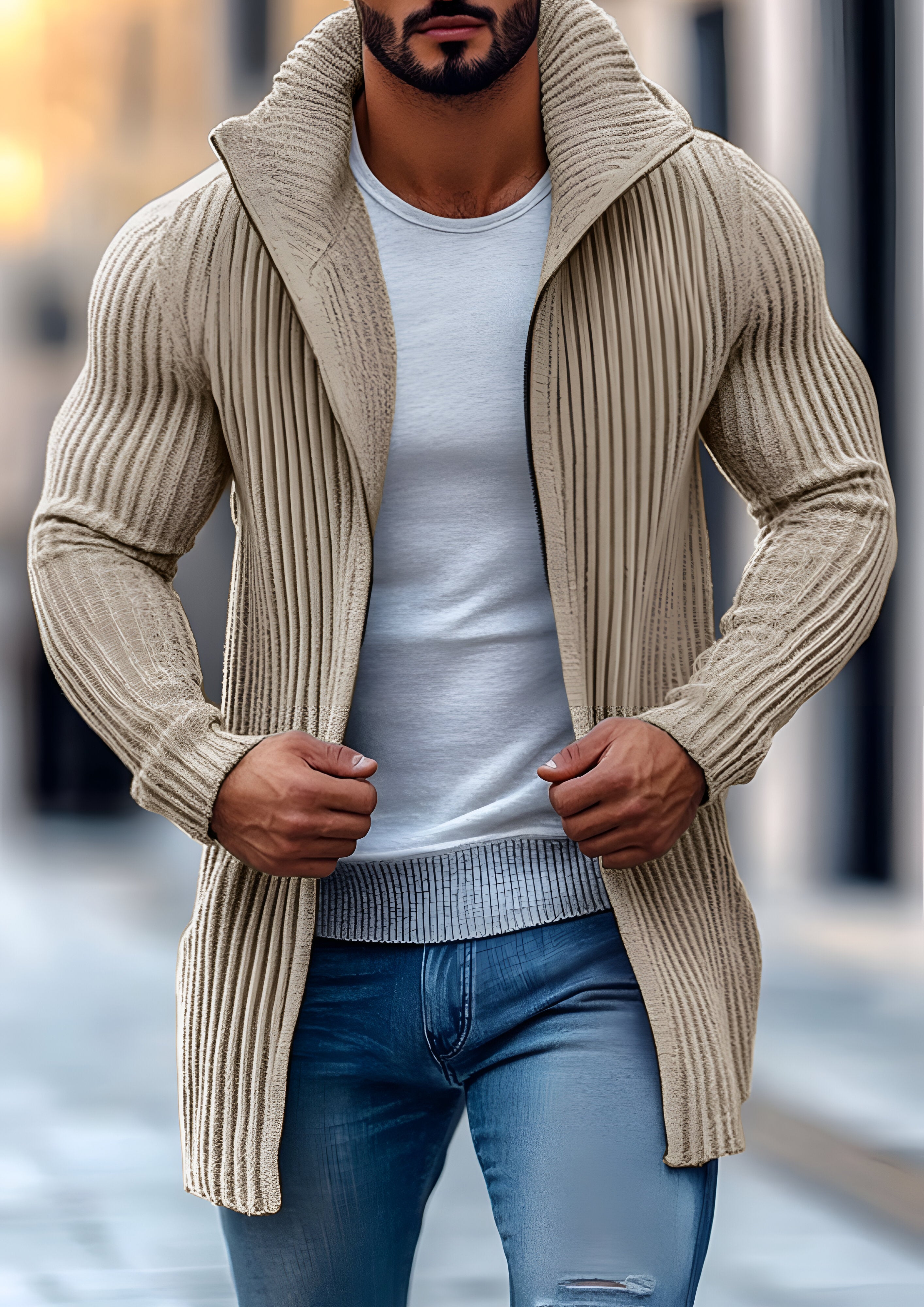 Mid-length Knit Cardigan | Men's Solid Striped