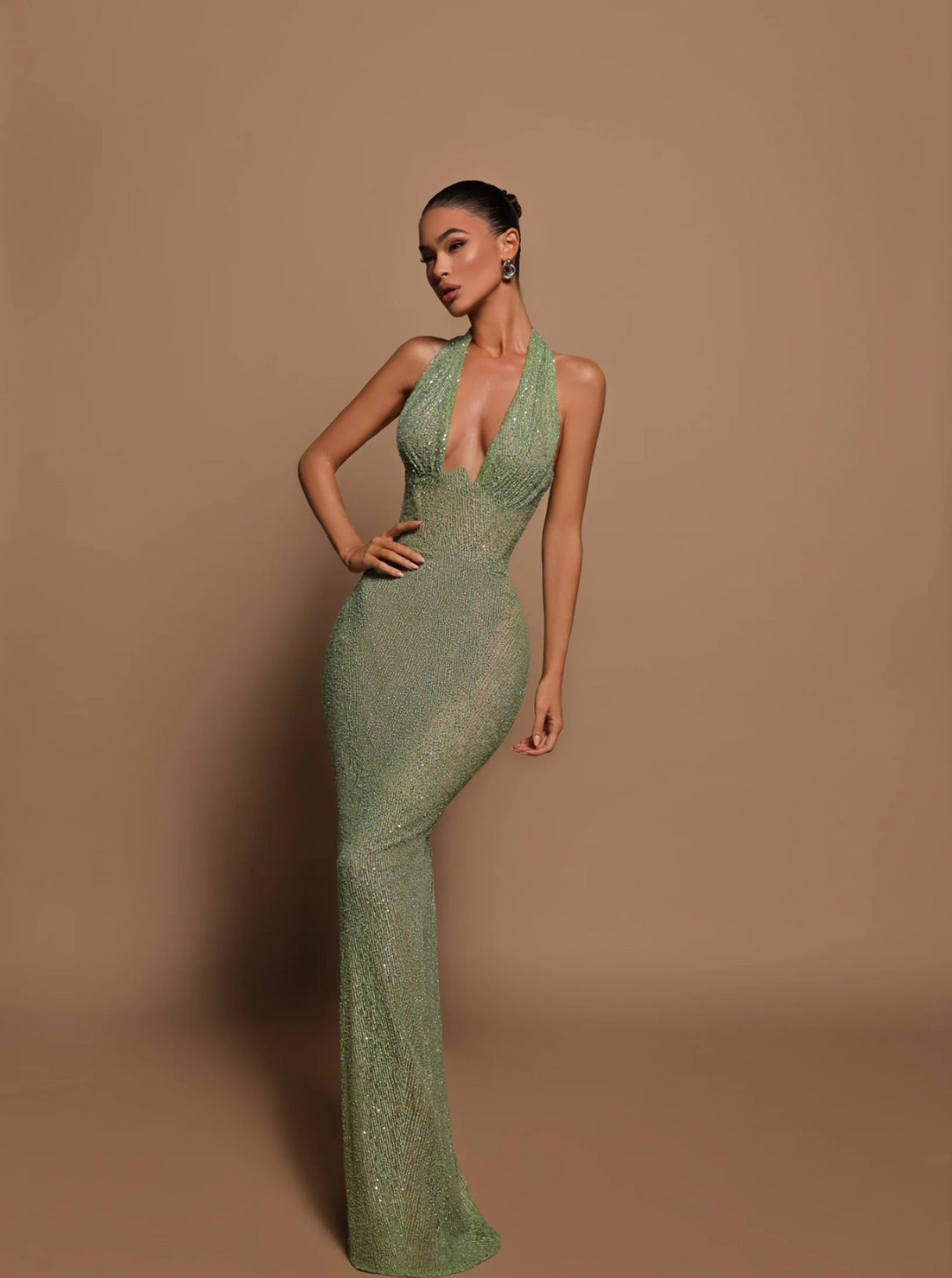 Women's Maxi Halter Dress | Shimmering Plunge Evening Formalwear