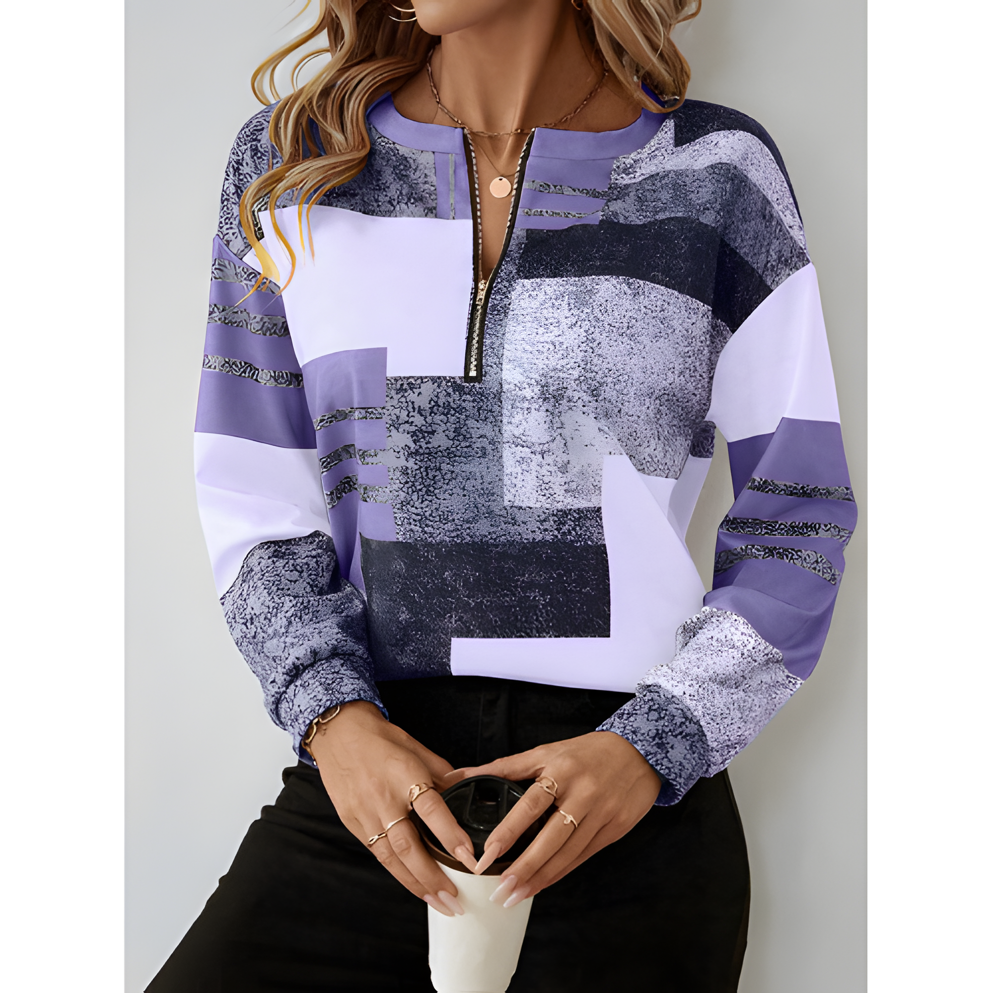 Women's Vintage Chic Geometric Zip Jumper | Winter