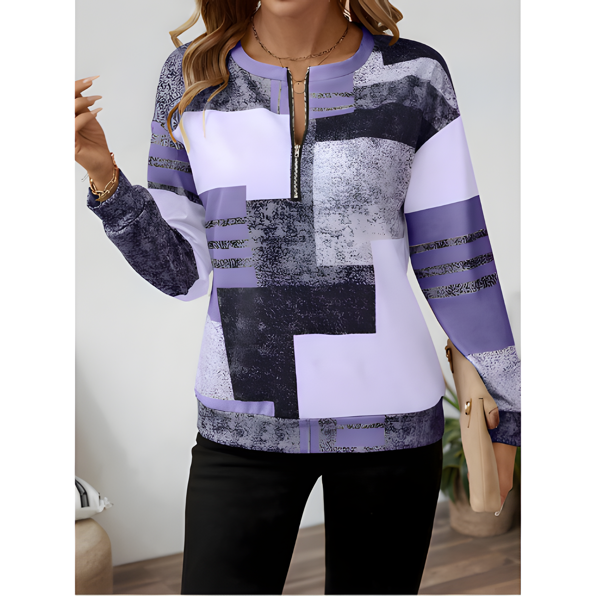 Women's Vintage Chic Geometric Zip Jumper | Winter