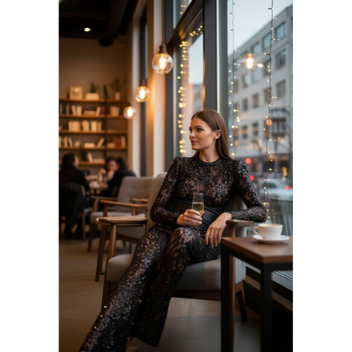 Women's Ivory Sheer Pattern Wide Leg l Jumpsuit