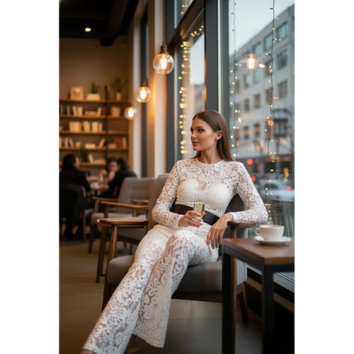 Women's Ivory Sheer Pattern Wide Leg l Jumpsuit