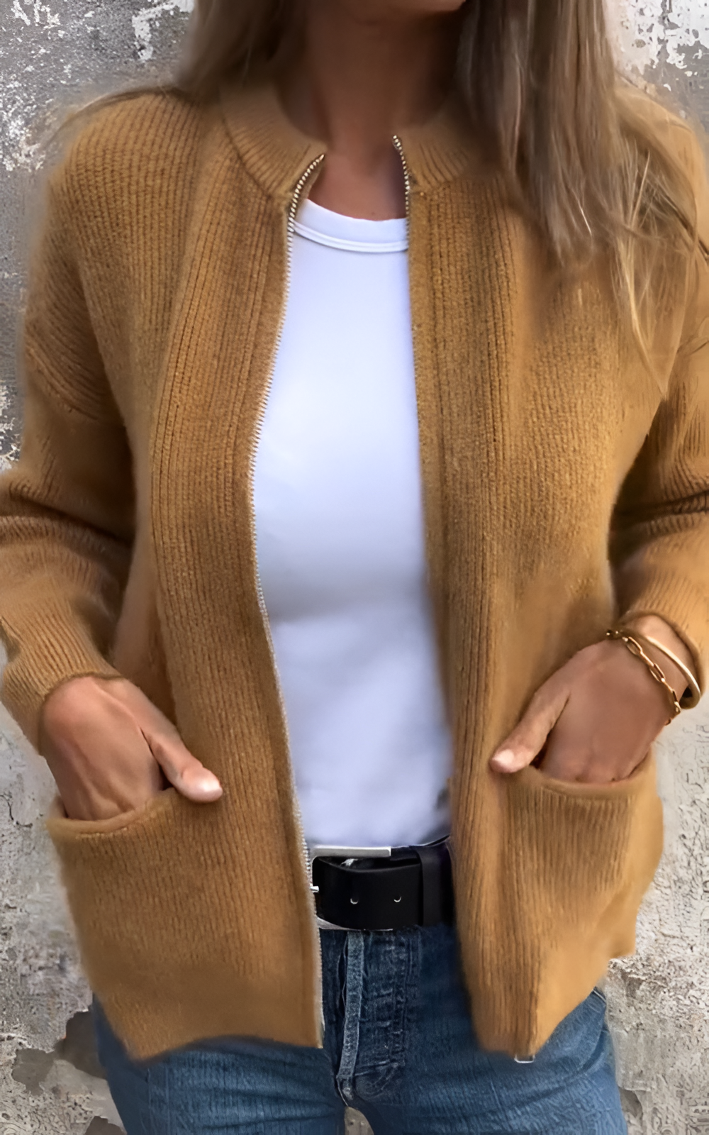Ribbed Cardigan | Women's Winter Zip-Front Side Pockets
