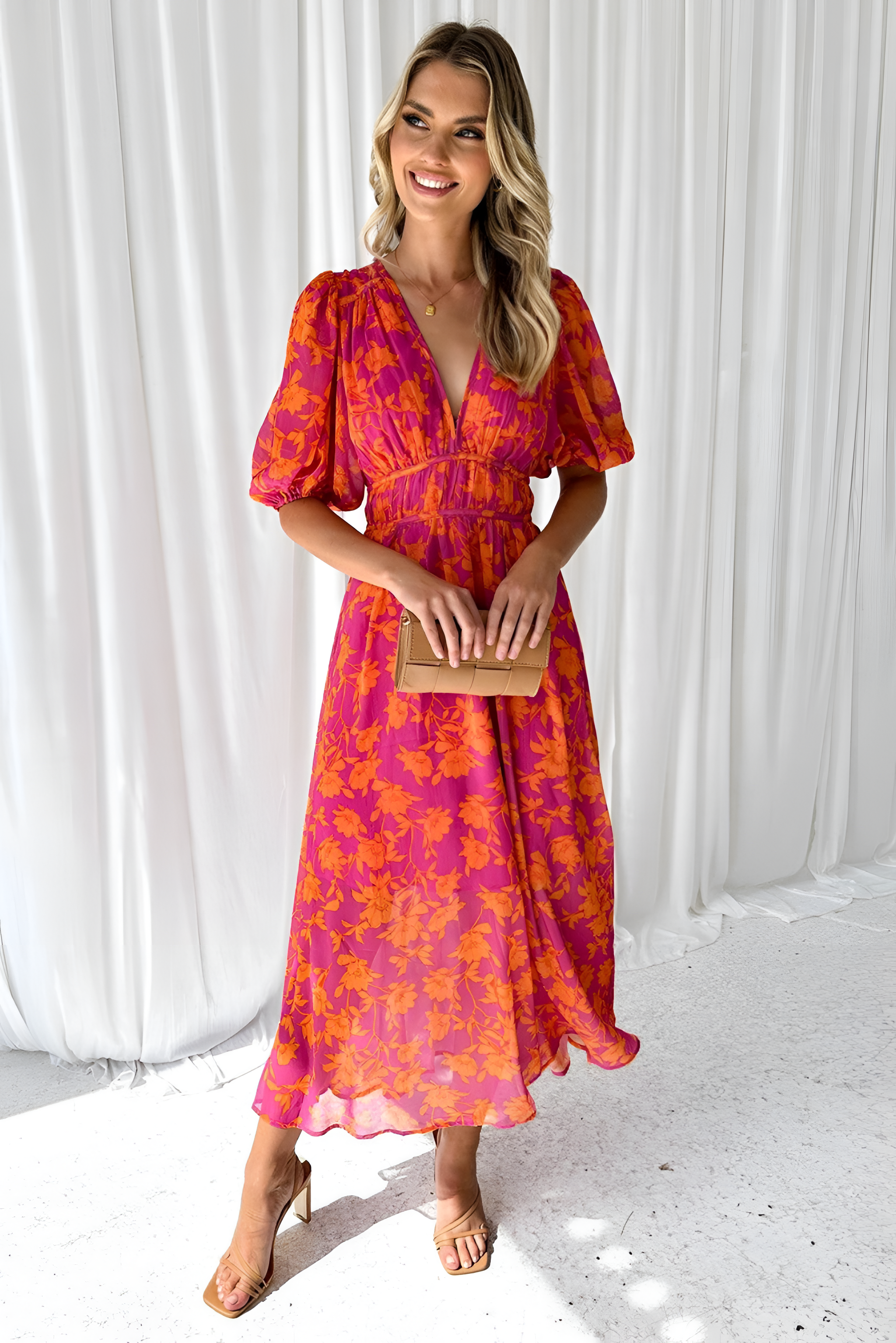 Floral Midi Dress | Women's Summer Puff Sleeves