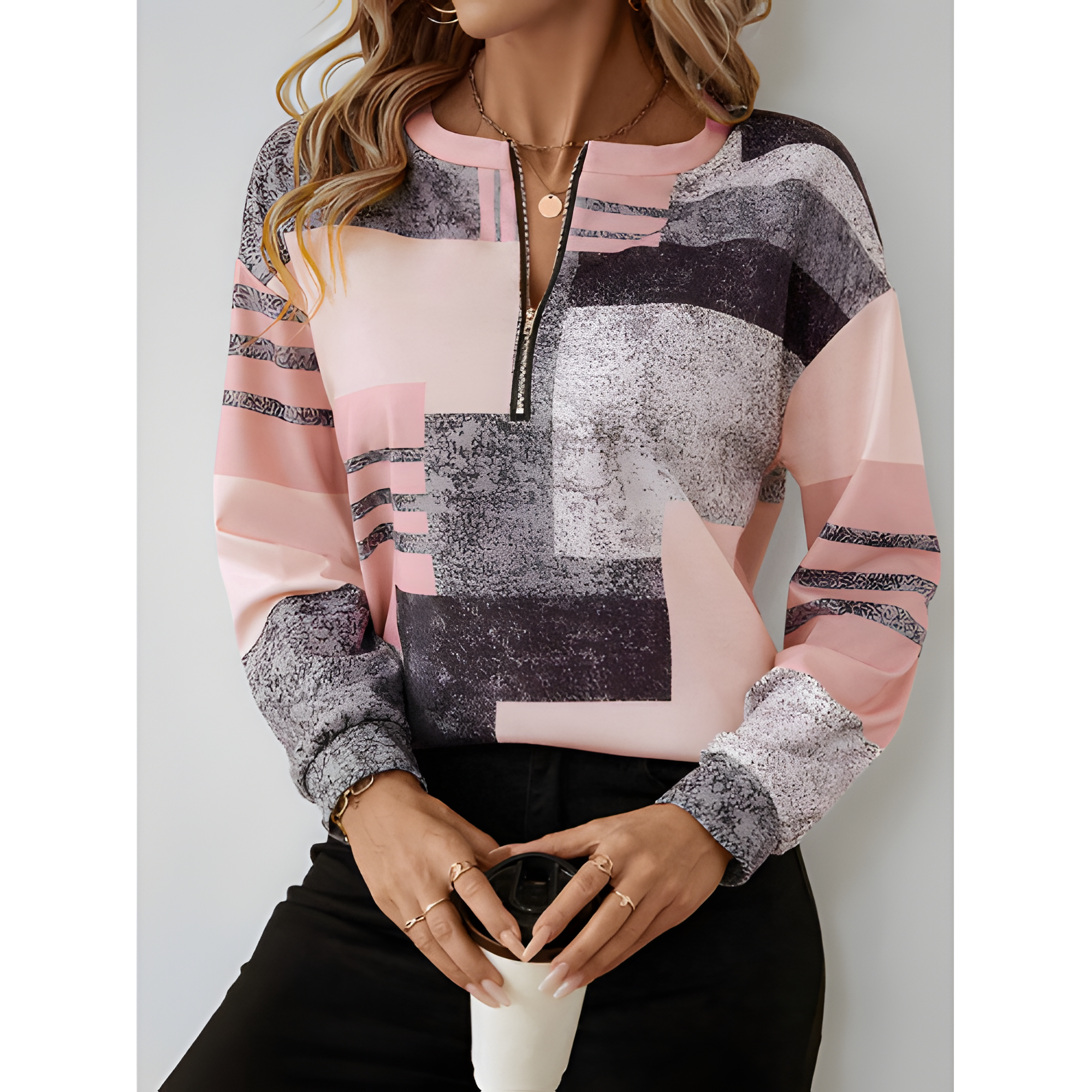 Women's Vintage Chic Geometric Zip Jumper | Winter
