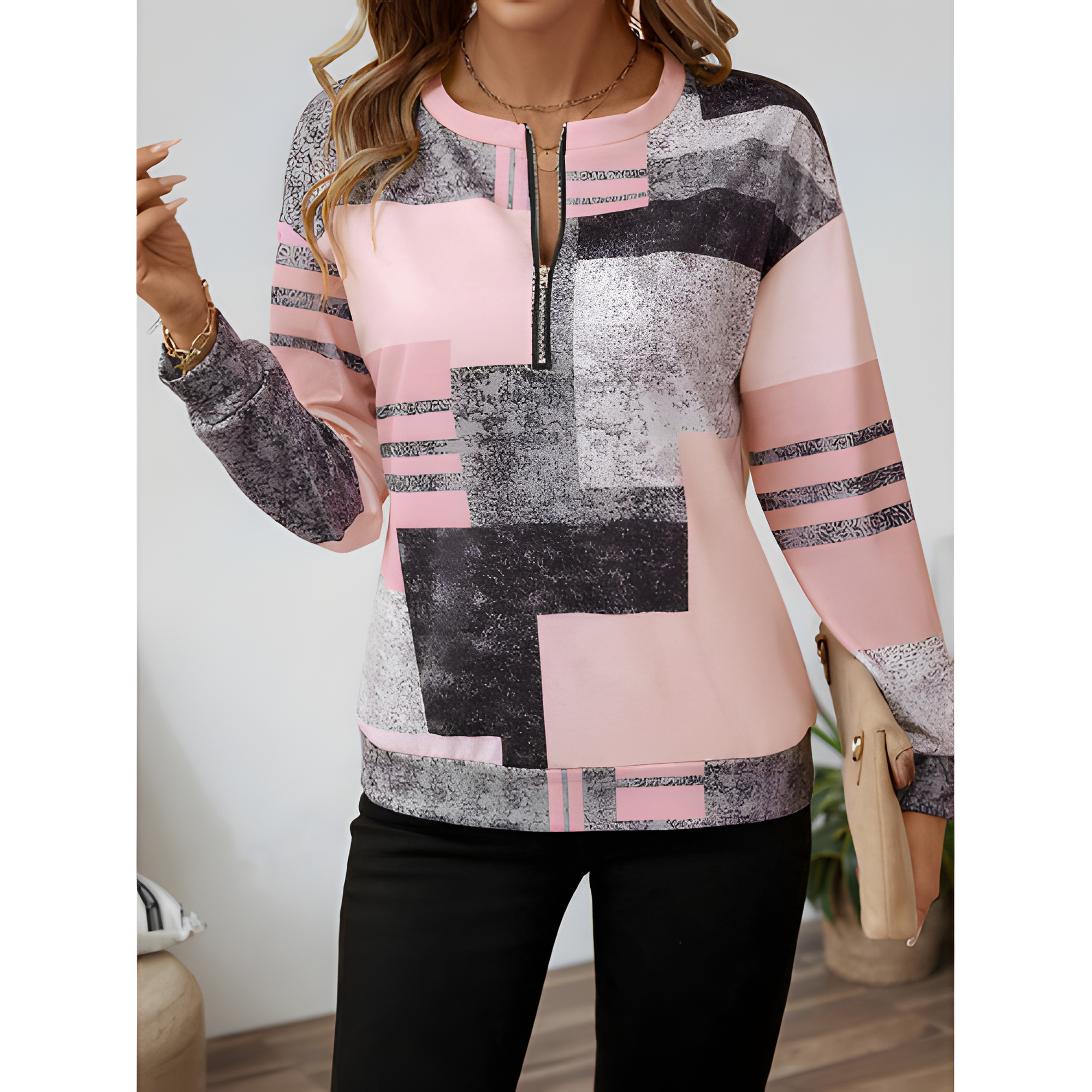 Women's Vintage Chic Geometric Zip Jumper | Winter