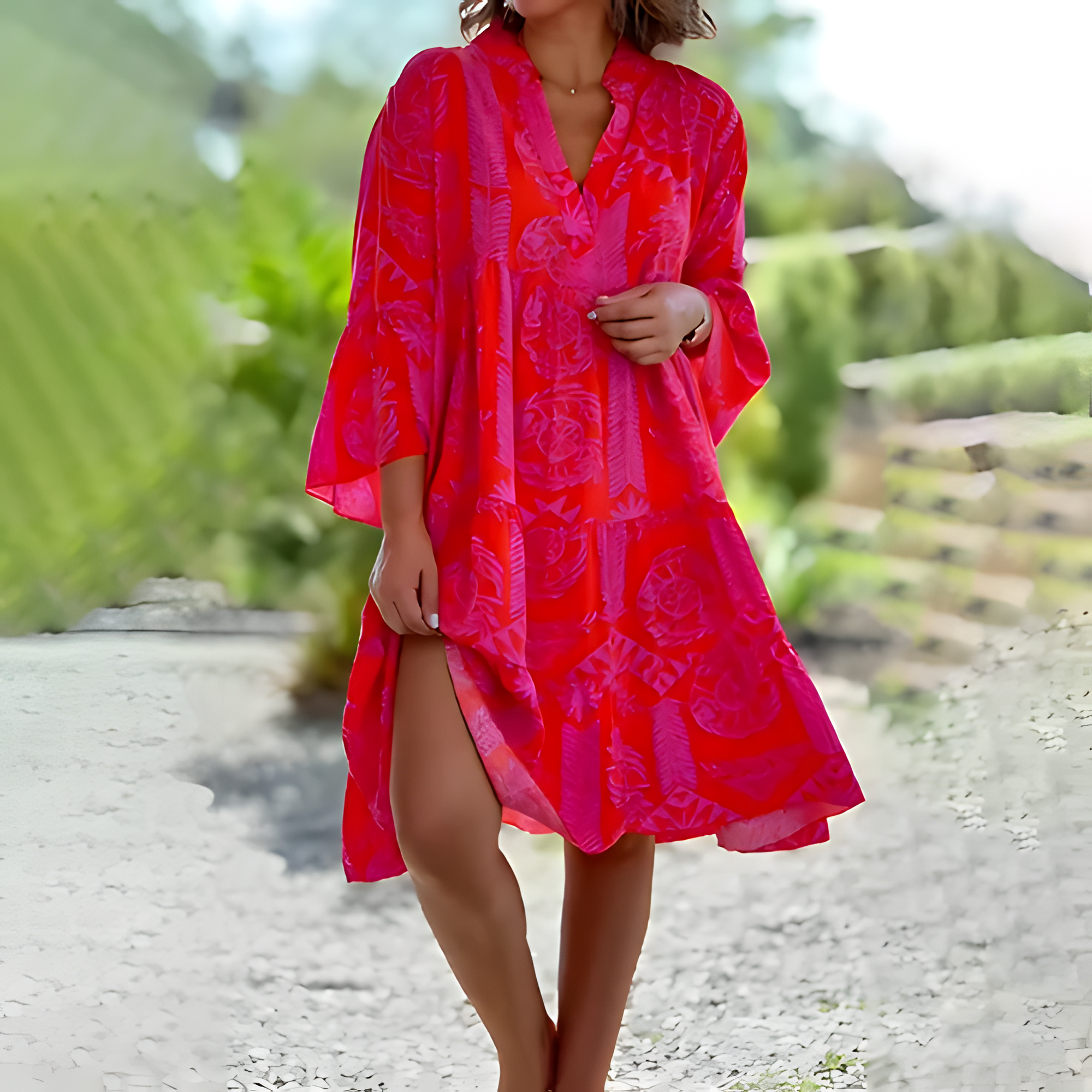 Women's Stylish Vibrant Red Patterned Dress | Summer