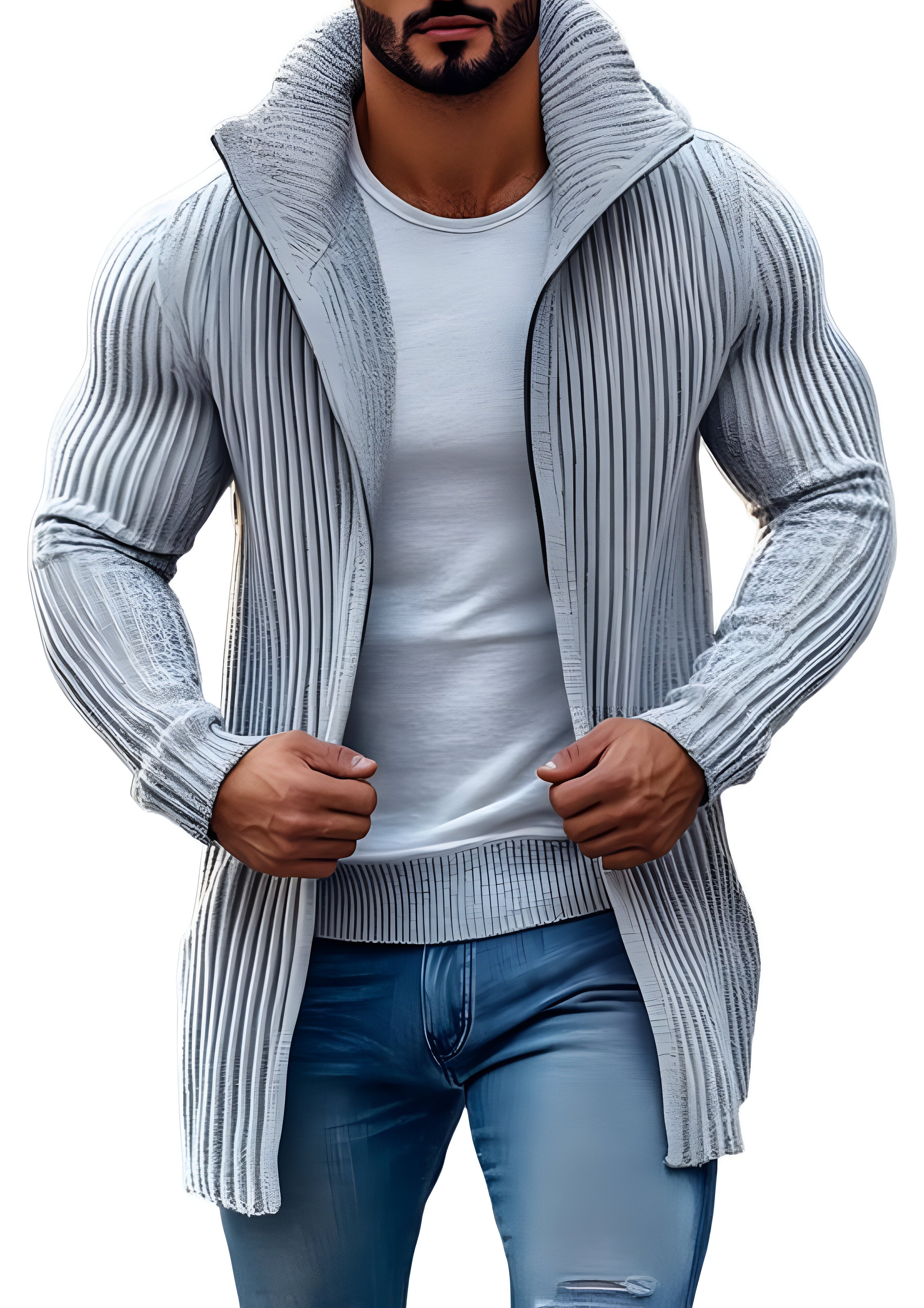 Mid-length Knit Cardigan | Men's Solid Striped