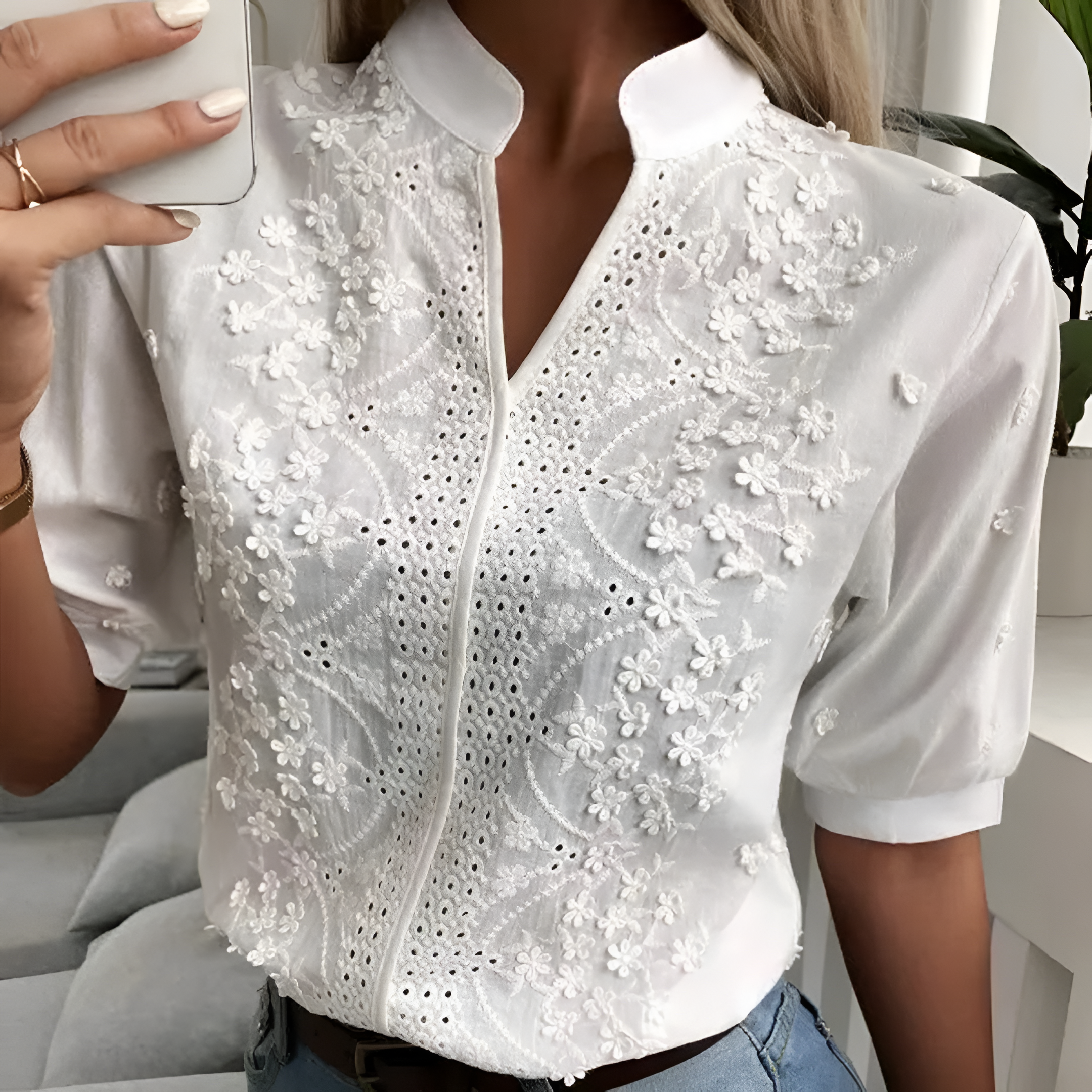 Women's Floral Embroidered Blouse | Short-Sleeve