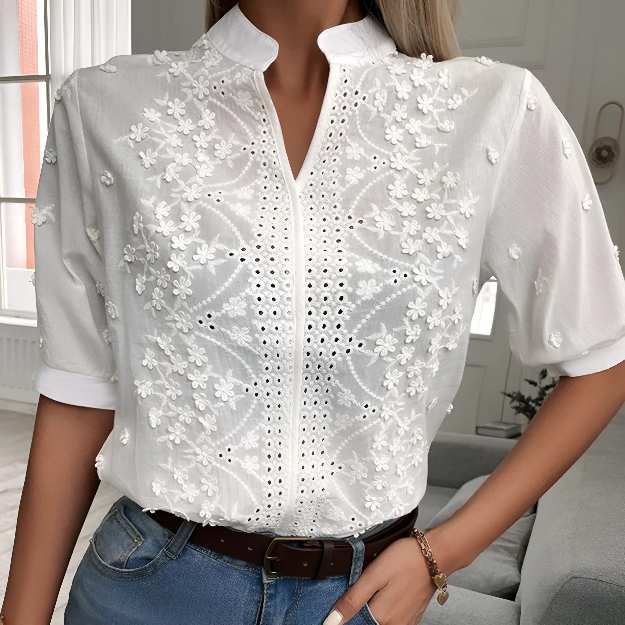 Women's Floral Embroidered Blouse | Short-Sleeve