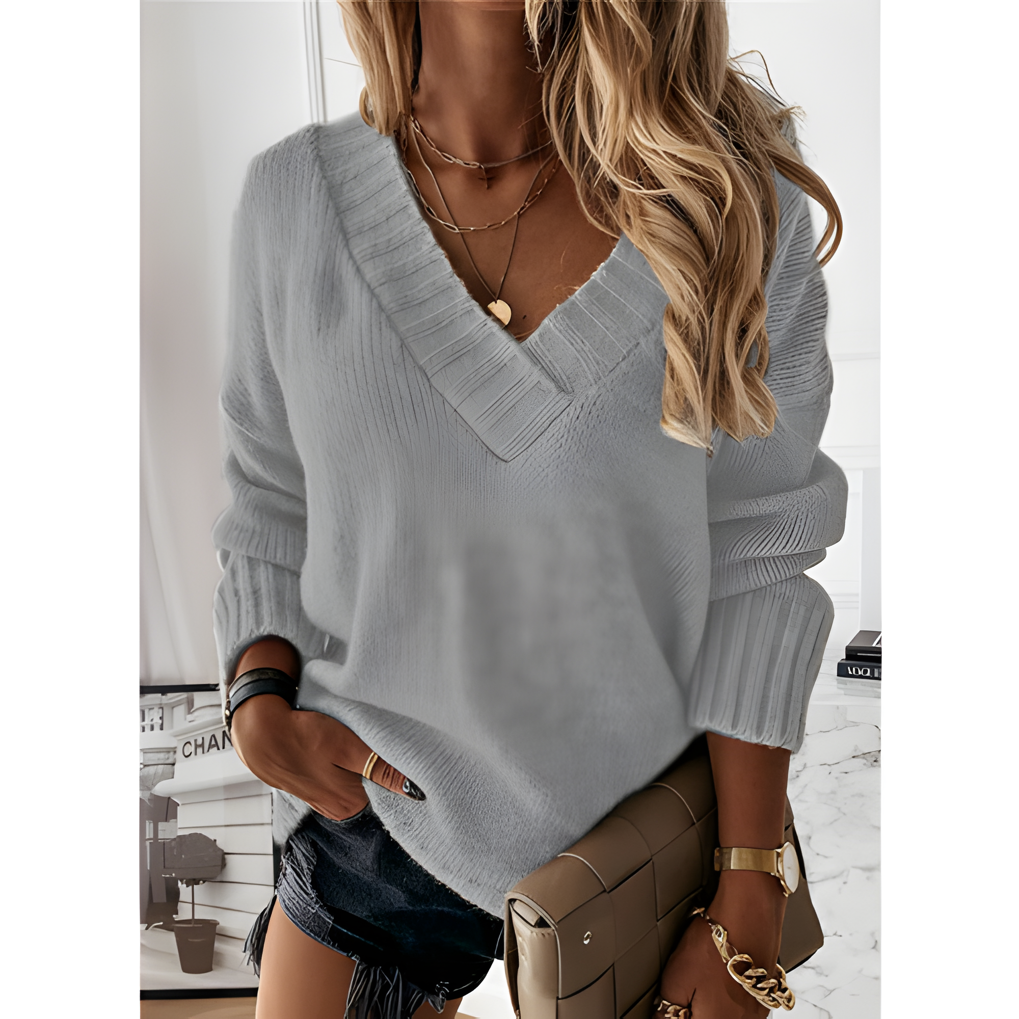 V-Neck Sweater – Women’s Relaxed Long Sleeve Knit