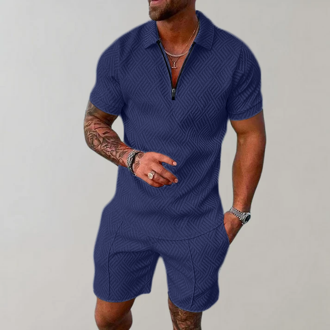Polo Short Set | Men's Zip Neck Textured