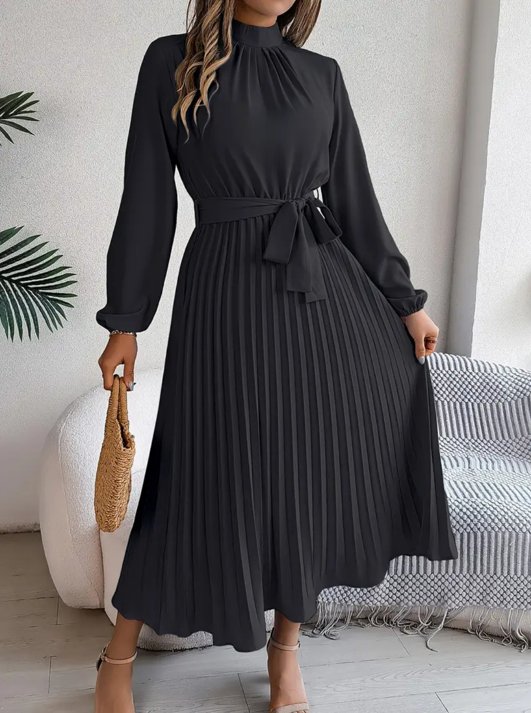 Women's Pleated Midi Dress | Tie-Waist Long Sleeve Daily Refined Wear