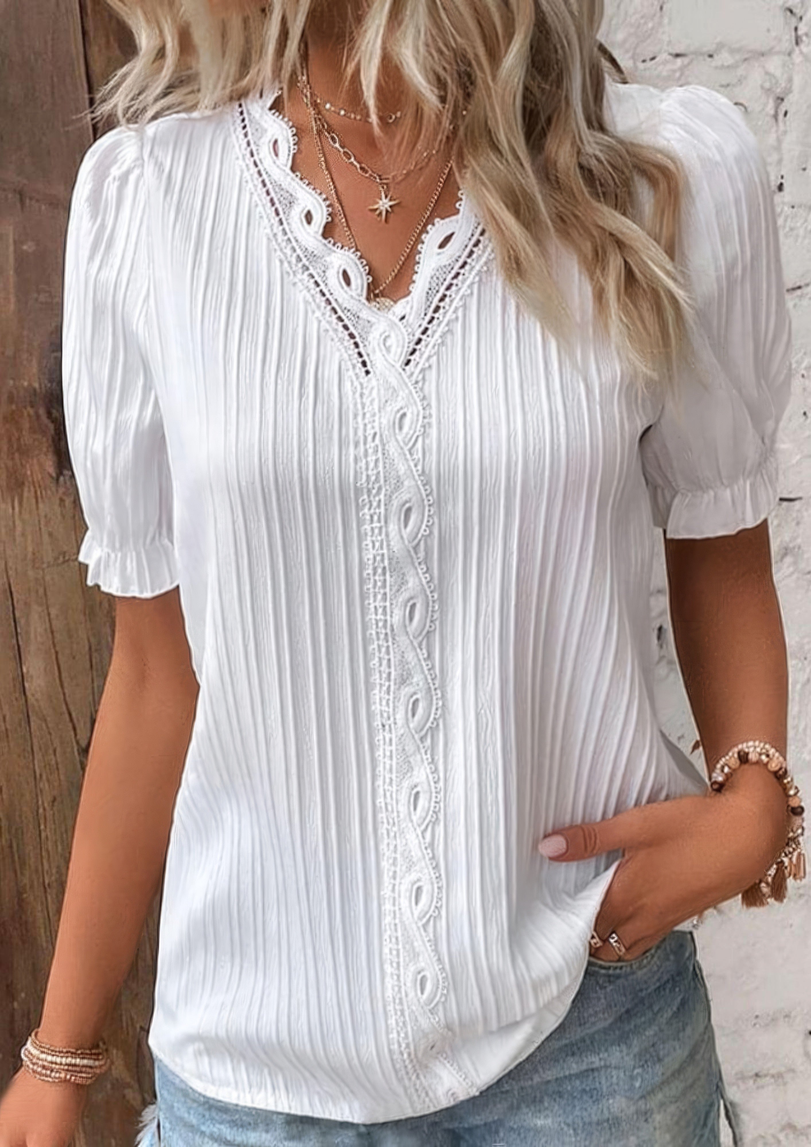Women's V-Neck Lace Blouse | Short Sleeve