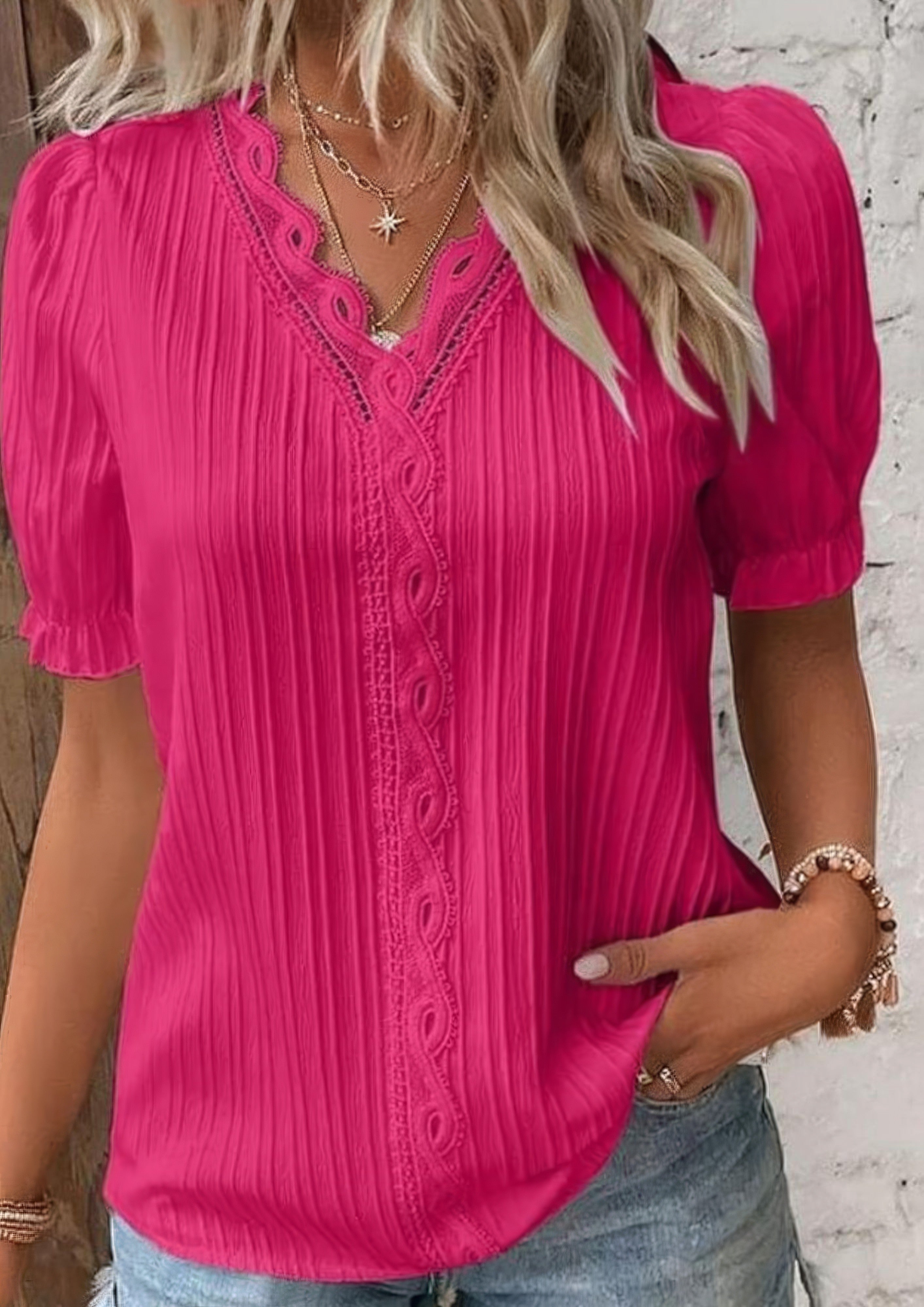 Women's V-Neck Lace Blouse | Short Sleeve