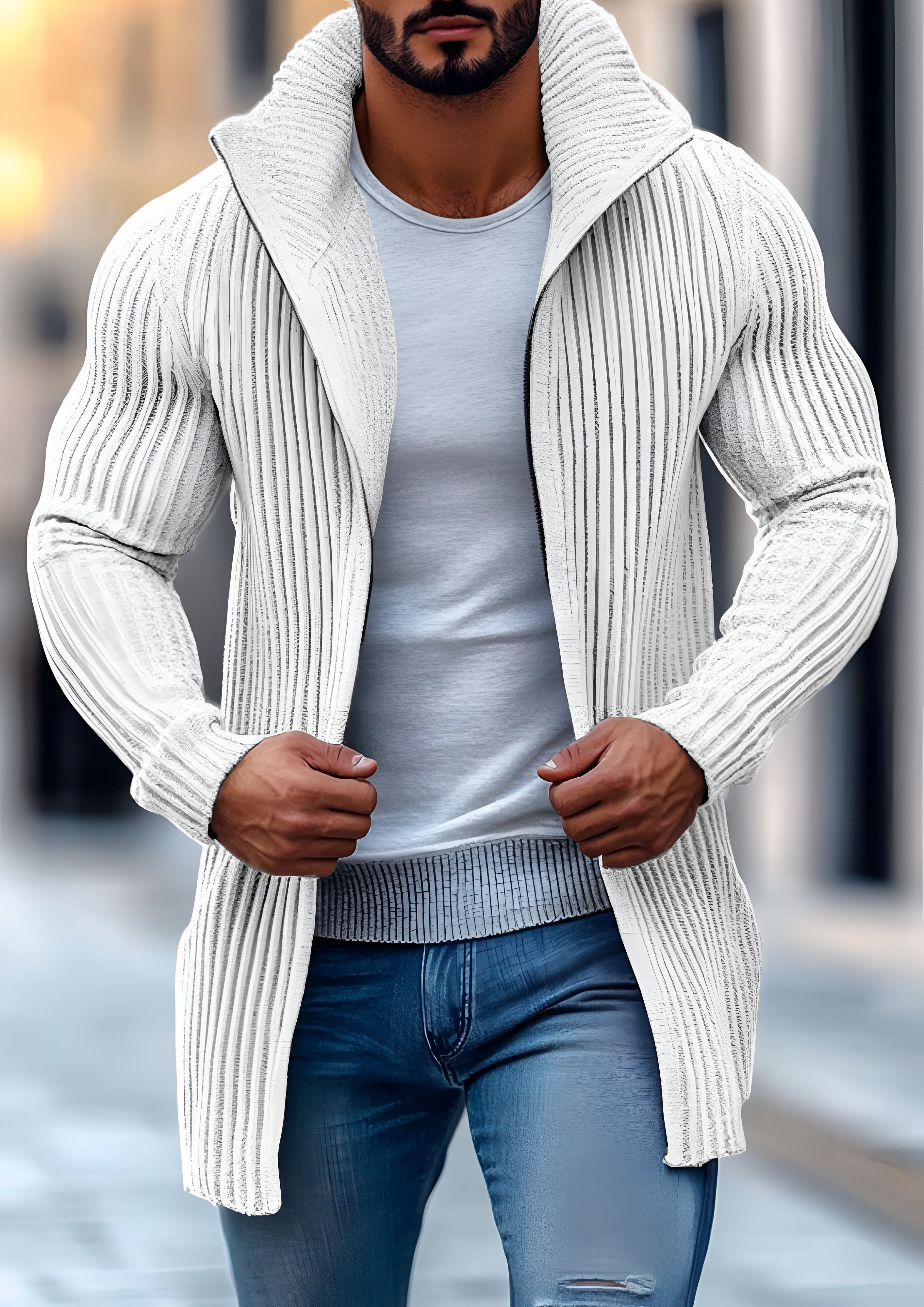 Mid-length Knit Cardigan | Men's Solid Striped