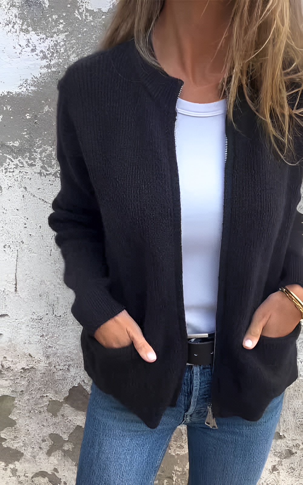 Ribbed Cardigan | Women's Winter Zip-Front Side Pockets