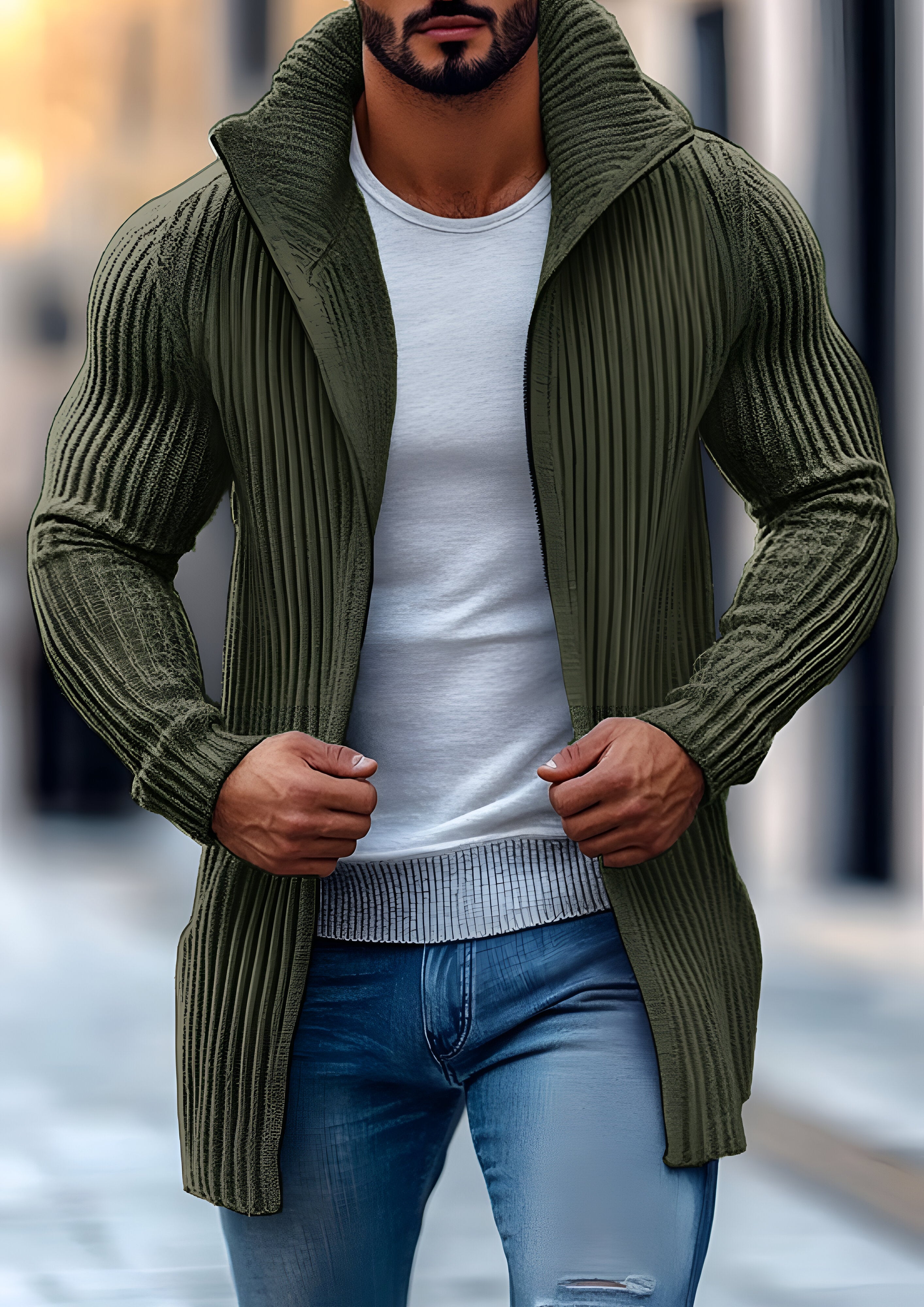 Mid-length Knit Cardigan | Men's Solid Striped