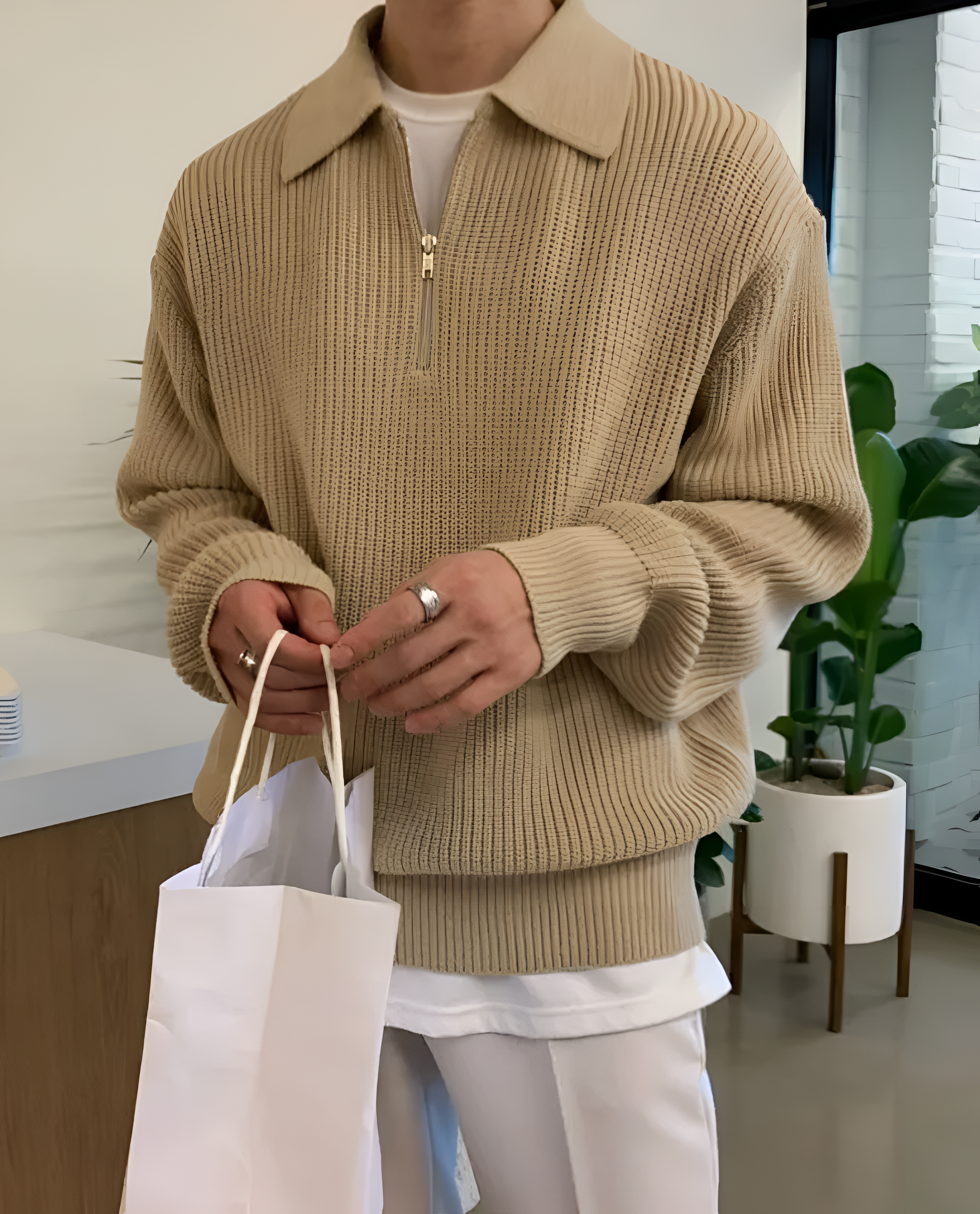 Ribbed Polo Jumper | Men's Winter Half Zip