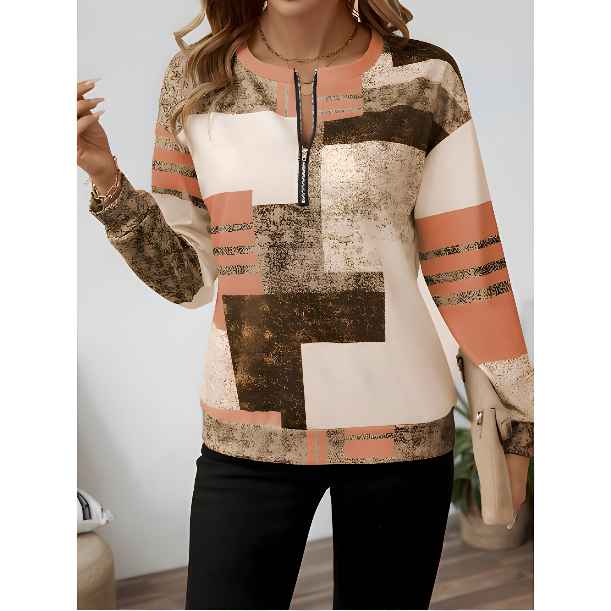 Women's Vintage Chic Geometric Zip Jumper | Winter