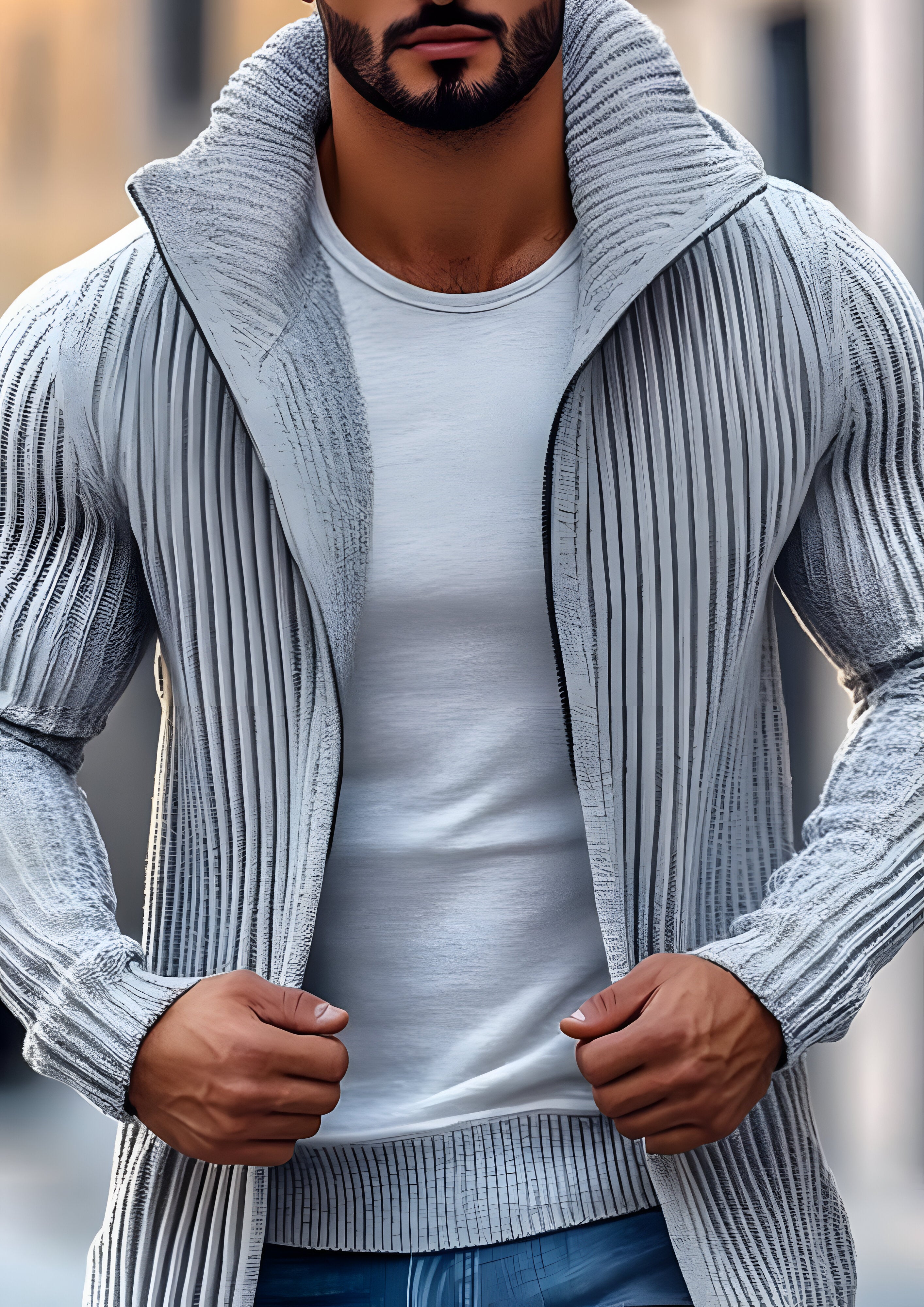 Mid-length Knit Cardigan | Men's Solid Striped