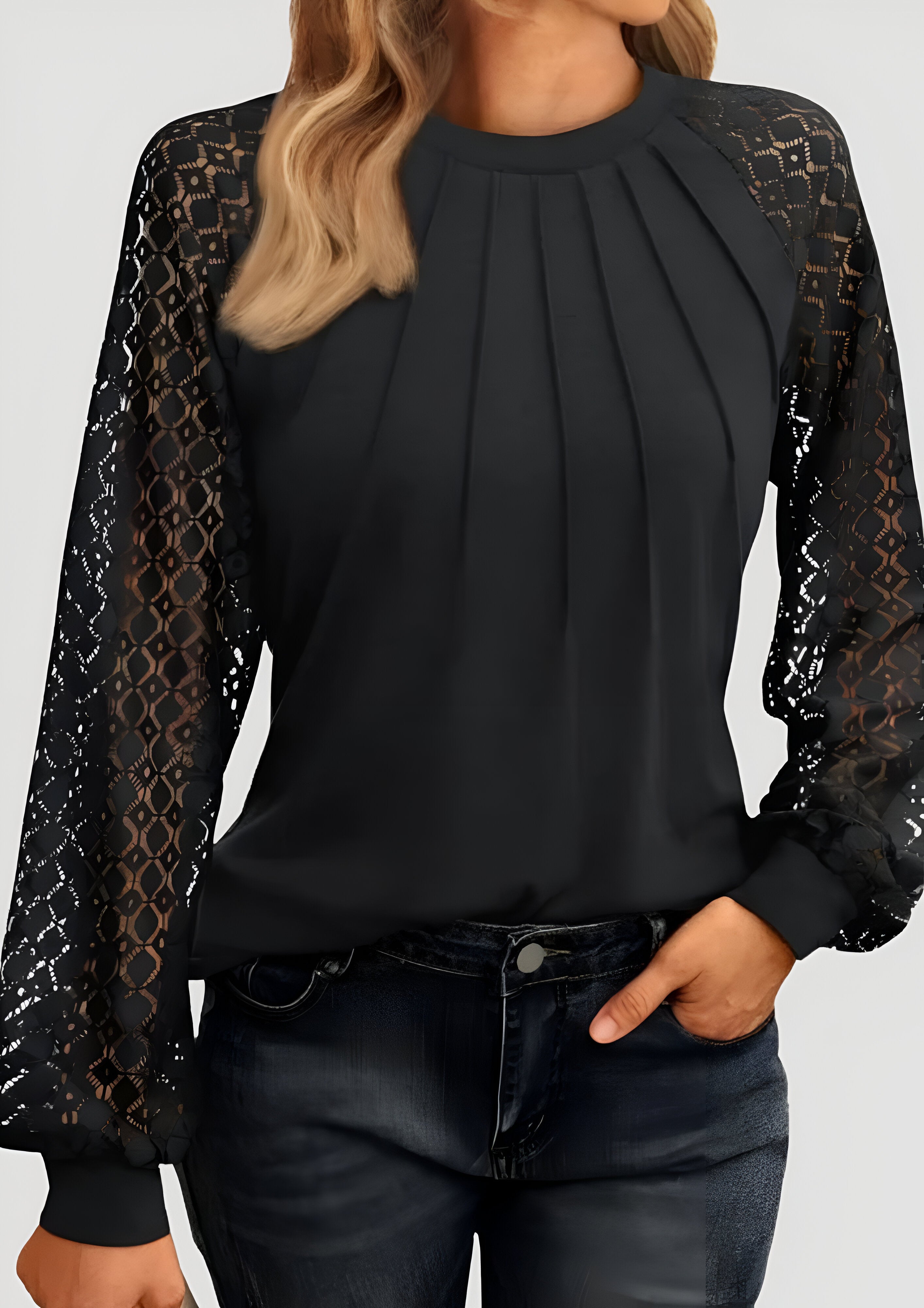 Pleated Lace Blouse | Women's Long Sleeve Top