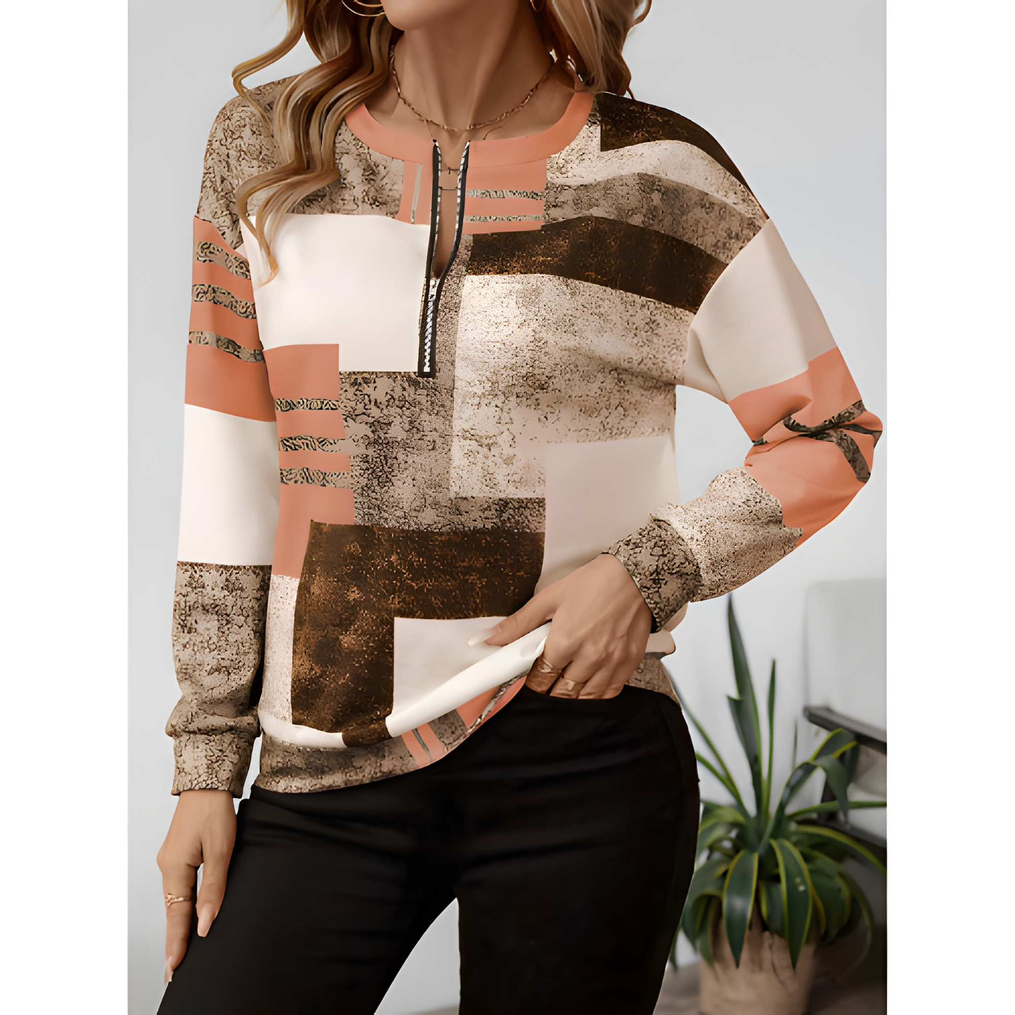 Women's Vintage Chic Geometric Zip Jumper | Winter