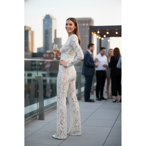 Women's Ivory Sheer Pattern Wide Leg l Jumpsuit