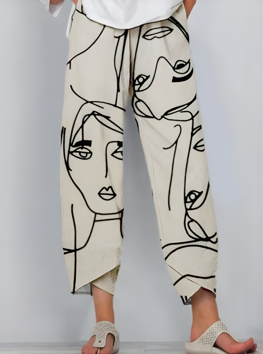 Women’s Summer Face Print Trousers | Abstract Line Art